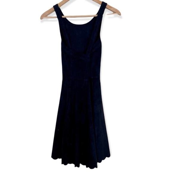 Express Womens Scalloped Mini Dress Small Black Suede-Like Cross Back Flare - Picture 5 of 9